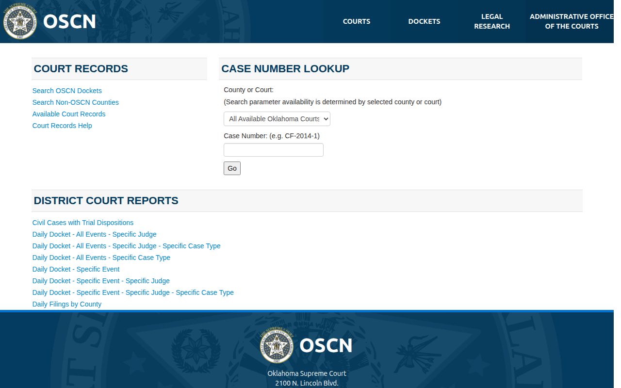 Harper County court-disposition search through the official Oklahoma State Courts Network